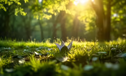 two white paper boats are floating on green grass