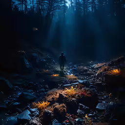 a person stands on rocks in the dark