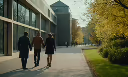 two people walk hand in hand near the building