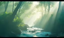 sunlight rays shining down in the trees by some rocks