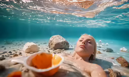 a woman laying on top of rocks near the ocean