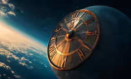 a golden clock is shown above the clouds