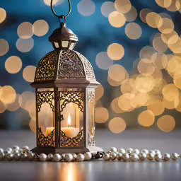 an ornate lantern with a white candle sitting on top of pearls