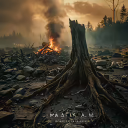 a fire burning with a tree sticking out of the ground