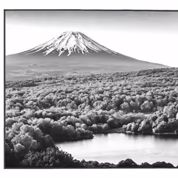 a mountain and lake surrounded by wooded area