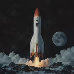 a spacex falcon space rocket on its launch, with the moon behind it