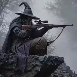 a person in a witch costume with a gun