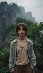 a young man standing in a forest wearing a sweatshirt