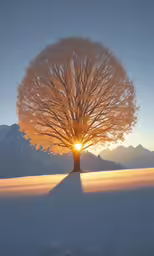 the sun shining behind a tree in a snowy landscape