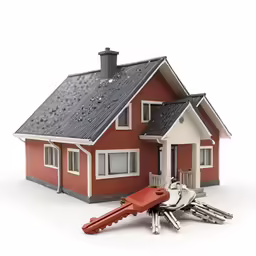 keys to house - model in red and white with black roof