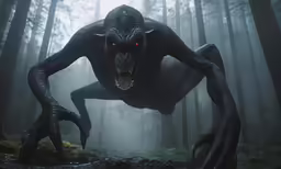a large demon walking in a forest in fog
