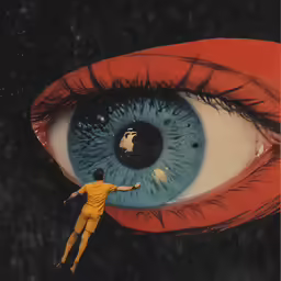 an artistic photo of the human eye showing person reaching for a globe