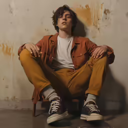a man wearing brown pants and shirt posing for a photo