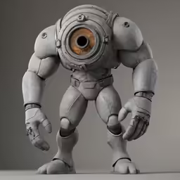 the stylized robot has its eyes opened and two legs down
