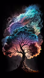 the silhouette of a tree stands against a colorful and cloudy sky