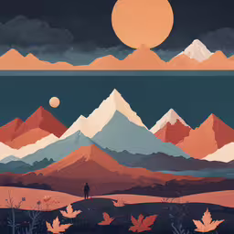 a painting of the mountains are painted in orange and red,an orange and black painting with a lone figure at sunset