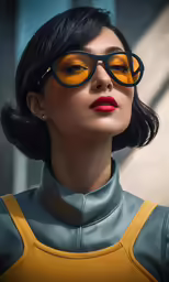 a woman with glasses on her face and yellow lens shades
