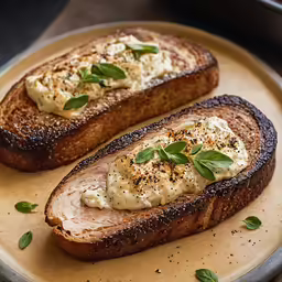 two large pieces of toast topped with mashed potatoes