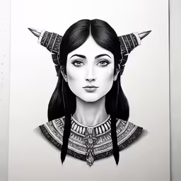 a drawing with long black hair, horns and eyes