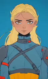 a drawing of a blonde haired girl in blue and yellow