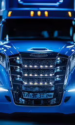 a blue semi truck with some lights on and a truck behind it