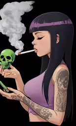 girl smoking a cigarette with skull in hand