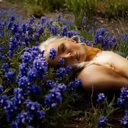 a woman is lying in the grass among flowers