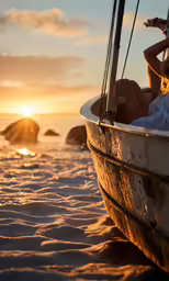 a woman in a boat floating in the water