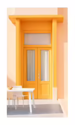 a bench next to an orange building with an open door