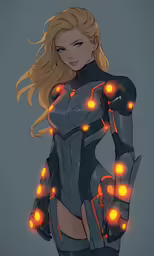 a girl in a suit with red light around her body