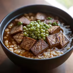 bowl with beans, tofu and peas on top