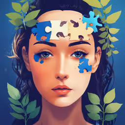 a female with blue eyes has puzzle pieces in her hair,woman with a puzzle piece piece over her face