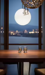 two shot glasses sit on a wooden table with city lights in the distance