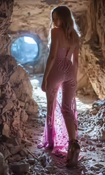 a woman is posing in front of a tunnel