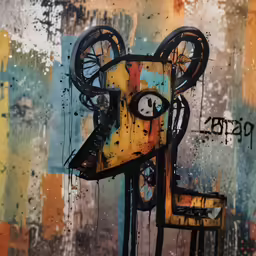 a painting of a rat on a rusted metal chair