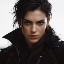 a woman wearing a black jacket and a fur lined hoodie
