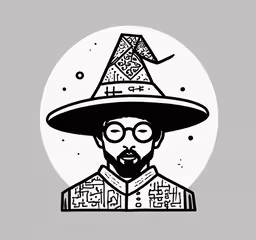 the wizard in a hat with glasses,a stylized portrait of walter garcia with glasses, a large hat and a mustache