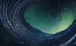 a circle shaped picture with stars flying through it,the star trails in the sky are flying through