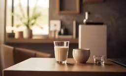 two glasses on a wooden table with one next to the glass and the third