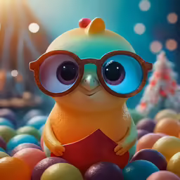 the yellow toy bird wearing glasses is in front of balls