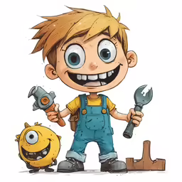 a child wearing a overalls holding some tools
