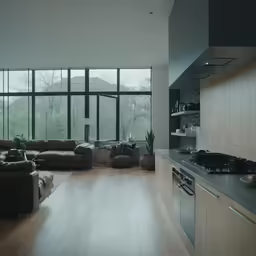 the spacious modern living room has great views