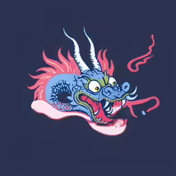 a dragon with a red tail has flames on his face