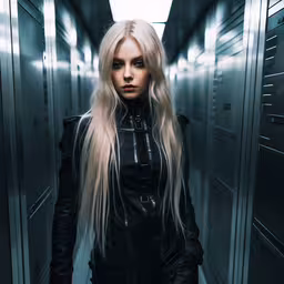 the blonde woman in a futuristic elevator is ready to fight,the blond female in leather is wearing black