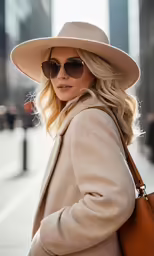 a woman in a hat and sunglasses with a brown bag