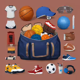 sports items including a bag, hat, and t - shirt laid out,a large bag with many items in it