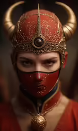 a man with a red outfit has horns on his head