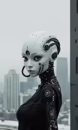 an artistic photo of a woman with white head dress in front of a city