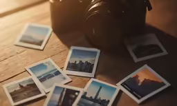 several different photographs of the same skyline on a table