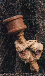 a fake head is holding onto a plastic water barrel